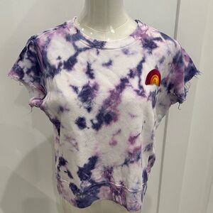 MOTHER NWOT Purple Tie-Dye Short Sleeve Sweatshirt with Rainbow Patch
